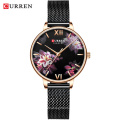 CURREN 9060 Women Watch Top Brand Luxury Black Female Waterproof Clock Mesh Stainless Steel Bracelet Flower Ladies Wristwatch